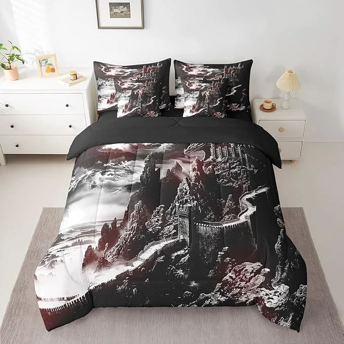 Organic Erosebridal Gothic Dragon 7 Piece Comforter Set Full Bed in a Bag Fantasy Castle Dark Sky Bedding Sets Vintage Mythical Animal Sheet Set with Comforter Prestigious