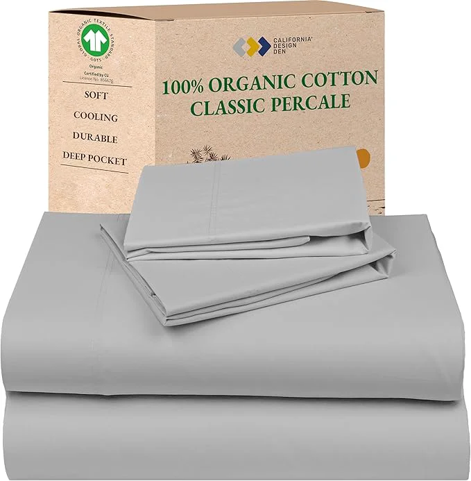 Fast California Design Den Full Size Sheets Set – Soft Organic Cotton Sheets with Deep Pockets Crisp Percale Breathable and Durable Bedding Set – Light Grey Healthy