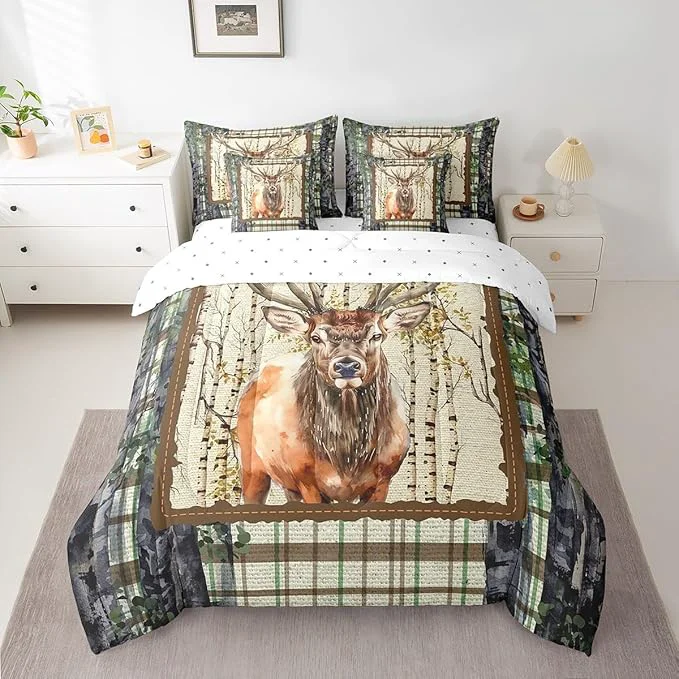 Prestigious Erosebridal Elk Deer Bed in a Bag King Size Comforter Set 7 Pieces Woodland Animals Bedding Sets Buffalo Plaid Sheet Set with Comforter Enhanced