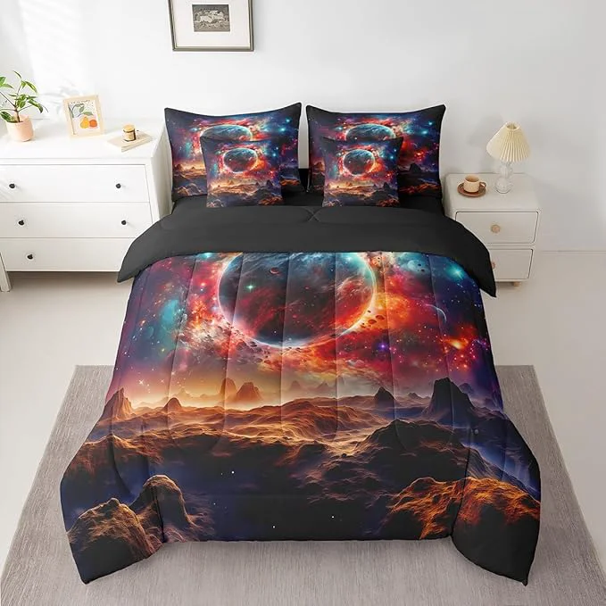 Premium Erosebridal Planet 7 Piece Comforter Set Full Bed in a Bag Sun Moon Galaxy Bedding Sets Universe Nebula Outer Space Sheet Set with Comforter Optimized