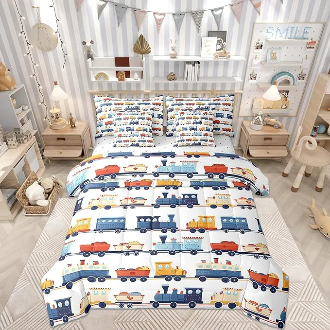 Genuine Castle Fairy Cartoon Train Comforter Set Full Size Transport Vehicles Bedding Set for Kids Teens Vintage Train Tracks Comforter Fitted Flat Sheet 2 Pillowcases 2 Throw Pillow Covers 7 Pieces Stylish