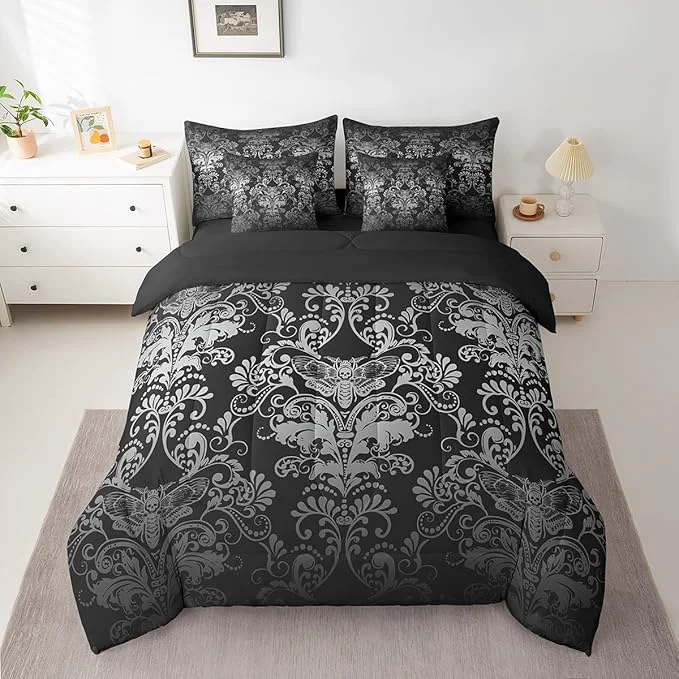 Natural Erosebridal Gothic Damask 7 Piece Comforter Set Full Bed in a Bag Exotic Moth Bedding Sets White Black Victorian Floral Goth Sheet Set with Comforter Selected