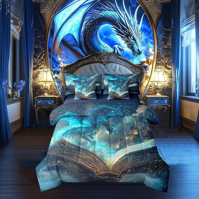 Premium Material Flying Dragon Bed in a Bag Comforter Set al Book Pattern Queen Size 7 Pieces for Kids Teens Vintage Mid-Century Castle Bedding Set with Comforter Sheet Set Pillowcases Pillow Covers Authentic