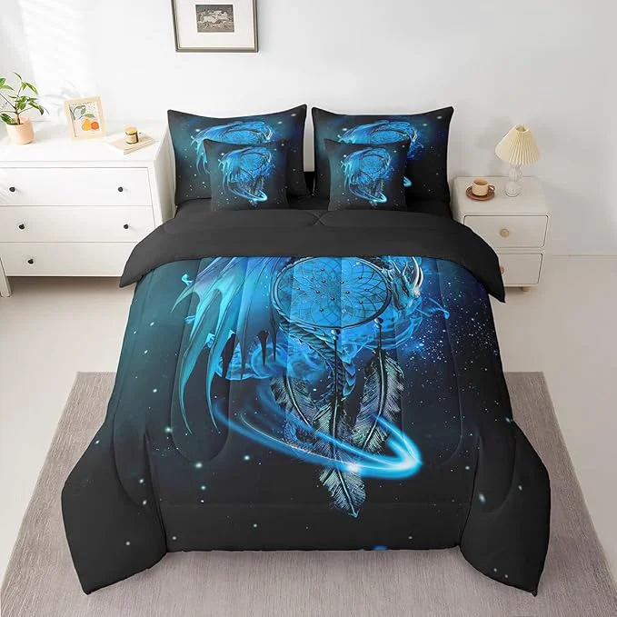 Traditional Erosebridal Gothic Dragon Dream Catchers Bed in a Bag King Size Comforter Set 7 Pieces Blue Galaxy Bohemian Feather Bedding Sets Antique Animal Pterosaur Sheet Set with Comforter Detailed