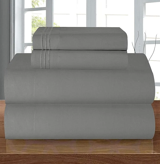Durable Elegant Comfort Luxury Soft 1500 Premier Egyptian 4-Piece Premium Hotel Quality Wrinkle Resistant Coziest Bedding Set All Around Elastic Fitted Sheet Deep Pocket up to 16inch Queen Grey Traditional