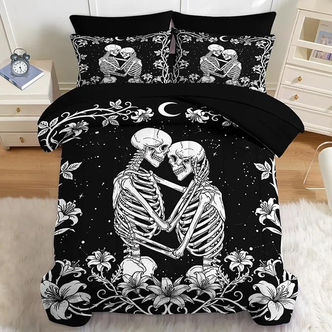 Luxury Nesker Comforter Set Full Size Gothic Kissing Skeleton Lover 7 Pcs Bedding for Kids and Adults Rose Black Lovers Black Bed Sheet Sets with Fitted Sheet 2 Pillowcases amp 2 Shams Natural