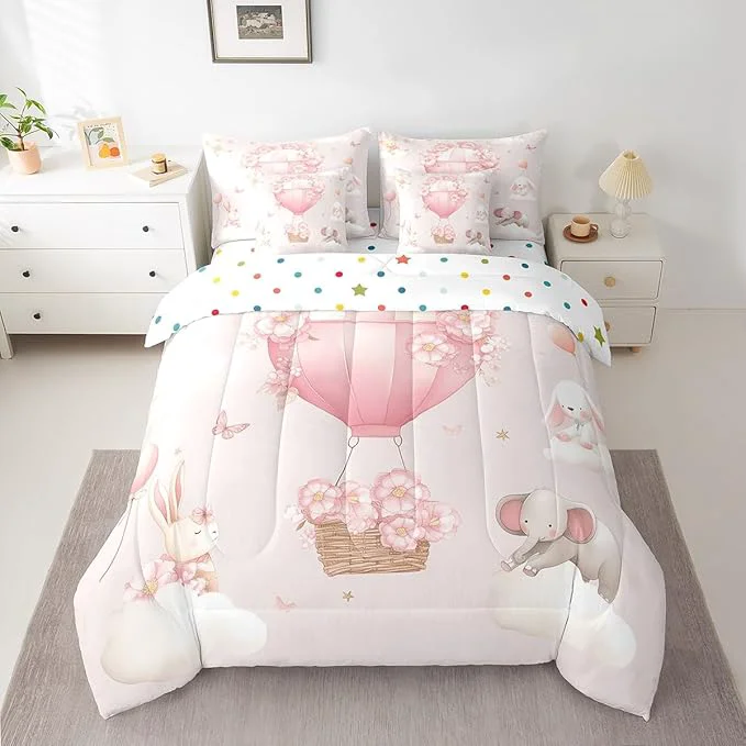 Dependable Pink Floral Hot Air Balloon Comforter Set King Size Cute Animal Rabbit Elephant Bed Set 7pcs with Comforter Fitted Sheet Flat Sheet 2 Pillowcases 2 Throw Pillow Covers Butterfly Bedding Set Efficient