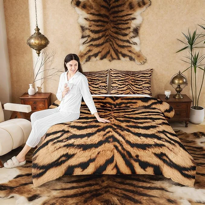 Safe 3D Tiger Skin Comforter Set Wild Africa Animals Bedding Set Queen Size Kids Teens Men Adult Home Room Decor Abstract Black Brown Stripes Quilt Set Romantic Vintage Duvet Insert 2 Pillowcases Elegant