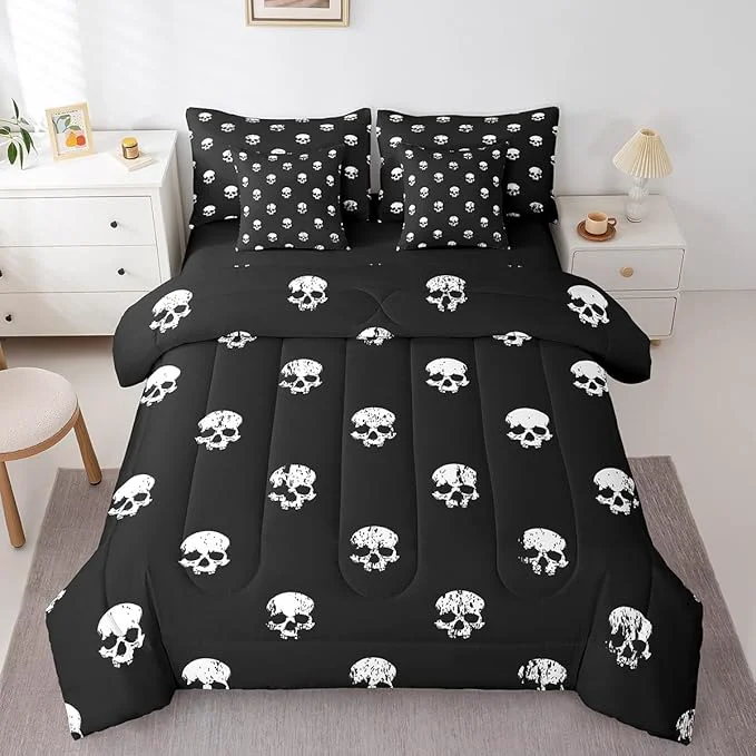 High-Grade Castle Fairy 7 Pcs Skull Decor Bedding Sets with Sheets Comforter Pillowcases Pillow Covers Human Skull Graffiti Print Comforter Set for Kids Teens Adults Bedroom Dorm Bed Set King Size Trusted