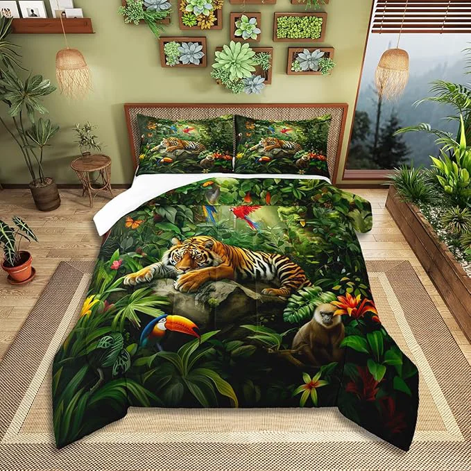 High-Performance 3D Tiger Comforter Set Twin Size Monkey Parrot Wild Animals Bedding Set Tropical Palm Tree Jungle Quilt Set for Kids Boys Girls Adult Bedroom Decor Nature Wildlife Theme Duvet Insert 1 Pillowcase Artisan