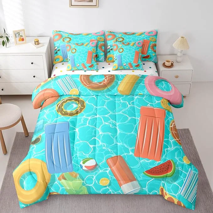 Secure 7 Pcs Swimming Pool Bedding Sets Cartoon Colorful Swimming Rings Comforter Set for Kids Teens Adults All Season Comforter Flat Sheet Fitted Sheet 2 Pillowcases 2 Throw Pillow Covers Queen Artisan