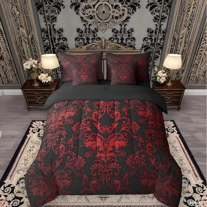 Comfortable Erosebridal Gothic Damask Bed in a Bag King Size Comforter Set 7 Pieces Butterfly Skull Bedding Sets Red Black Victorian Floral Goth Sheet Set with Comforter Quality