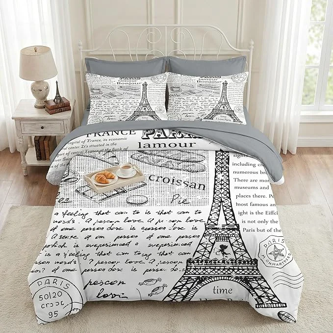 High-End Nesker Comforter Set Queen Size Retro Eiffel Tower Paris 7 Pcs Bedding for Kids and Adults Vintage French Cafe Bed Sheet Sets with Fitted Sheet 2 Pillowcases amp 2 Shams Smooth
