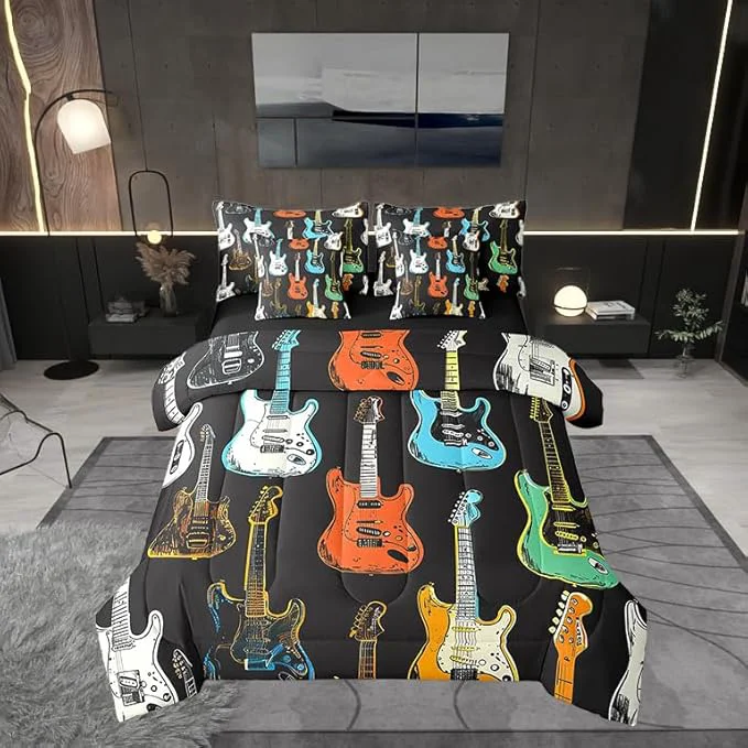 Crafted Castle Fairy Sketch Guitar Bass Comforter Set Musical Instrument 7 Piece Bed Set King Size for Kids Modern Music Lover Bed in a Bag Bedding Set with Comforter Sheet Set Pillowcases Pillow Covers Carefully Designed