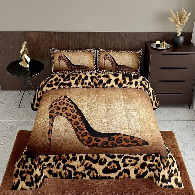 Fashionable Leopard High Heels Comforter Set King Size Romantic Mandala Floral Bedding Set 3pcs for Kids Girls Women Adult Room Decor Wild Animals Skin Quilt Set Fashion Brown Duvet Insert 2 Pillowcases Genuine