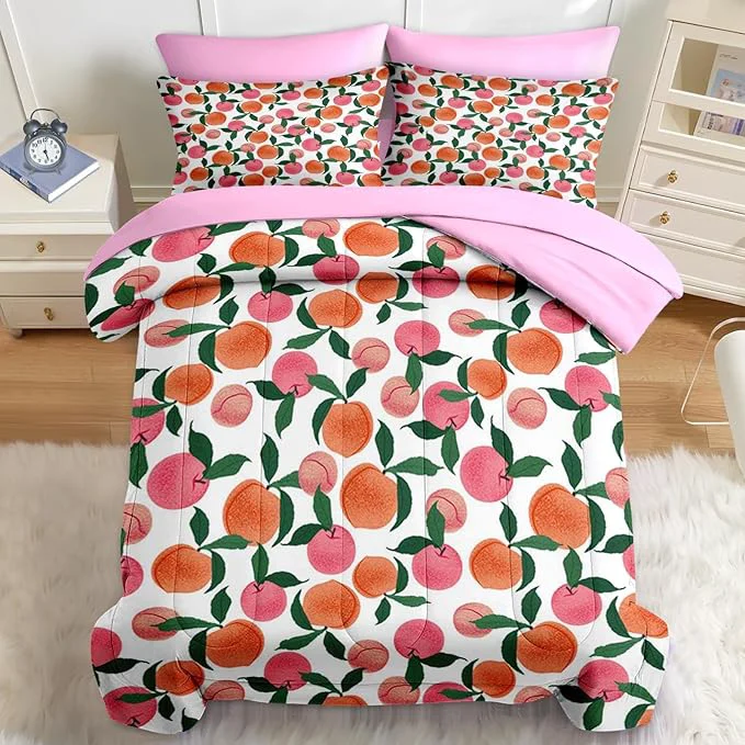 Authentic Nesker Comforter Set Twin Size Floral Pink Peach 5 Pcs Bedding for Kids and Adults Sweet Fruit Vintage Bed Sheet Sets with Fitted Sheet Pillowcase amp Sham Functional