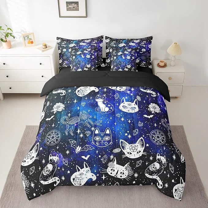 Proven Gothic Cat Skull Comforter Set 7 Pieces Twin Size Blue Galaxy Starry Bedding Set for Kids Boho Constellation Comforter Fitted Flat Sheet 2 Pillowcases 2 Throw Pillow Covers Premium