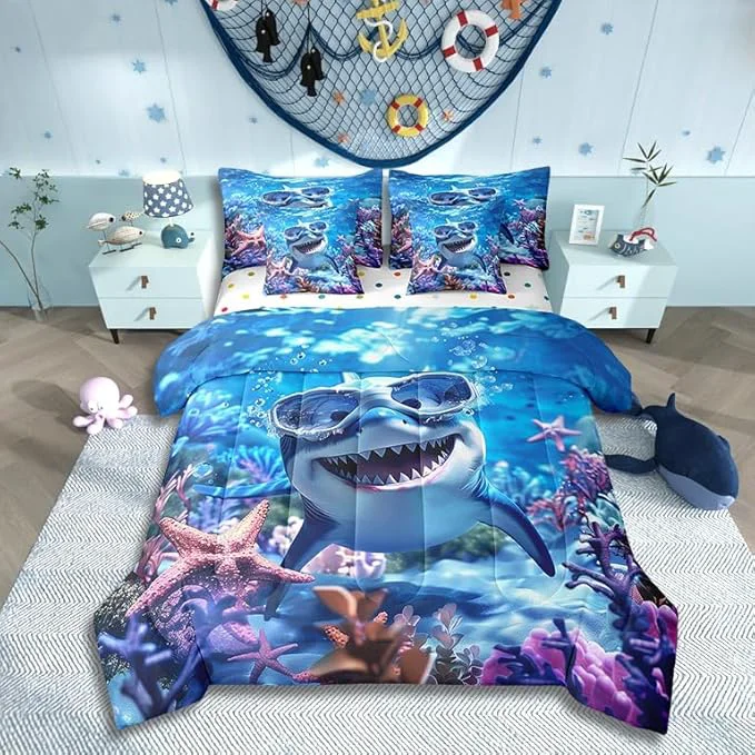 High-End Cartoon Shark Comforter Set King Size Kawaii Marine Fish Animal Bed Set 7pcs with Comforter Fitted Sheet Flat Sheet 2 Pillowcases 2 Throw Pillow Covers Colorful Starfish Coral Bedding Set First-Class