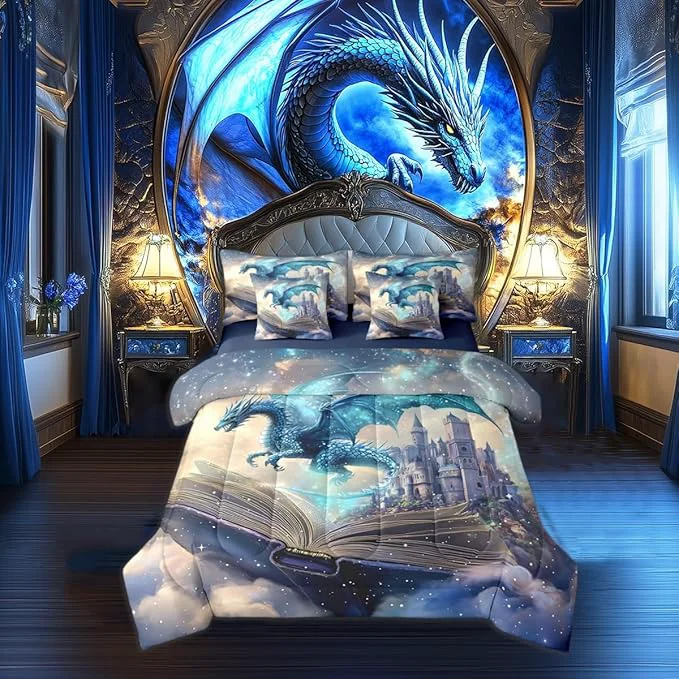 Fashionable 7 Pieces Queen Size 3D Dragon Comforter Set Funny Fantasy Book Pattern Bedding Set for Kids Room Decor Mid-Century Castle Comforter Fitted Flat Sheet 2 Pillowcases 2 Throw Pillow Covers Organic