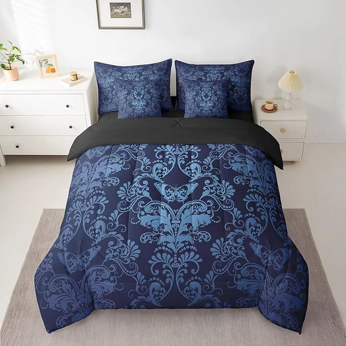 Quality Erosebridal Gothic Damask Bed in a Bag Queen Comforter Set 7 Piece Butterfly Skull Bedding Sets Blue Victorian Floral Goth Sheet Set with Comforter Powerful