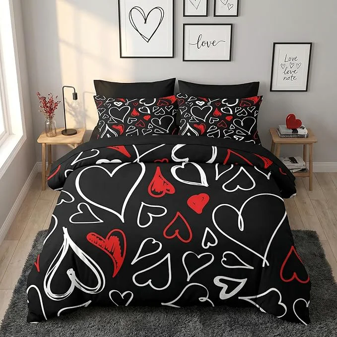 Elegant Nesker Comforter Set Queen Size Heart Love Red Black 7 Pcs Bedding for Kids and Adults My Happy Valentine Bed Sheet Sets with Fitted Sheet 2 Pillowcases amp 2 Shams Trendy