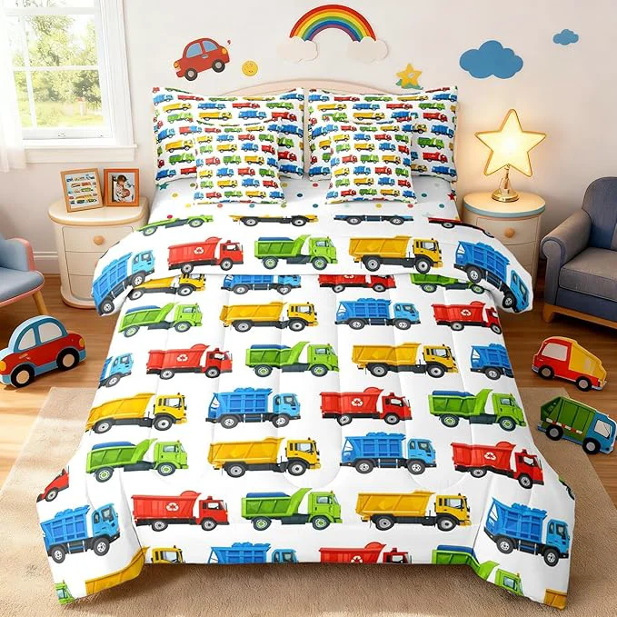 Dependable Colorful Garbage Truck Bedding Sets 7 Pcs Cartoon Car Recycling Truck Comforter Set Trash Trucks Decorative All Season Comforter Flat Sheet Fitted Sheet 2 Pillowcases 2 Throw Pillow Covers Queen Lightweight