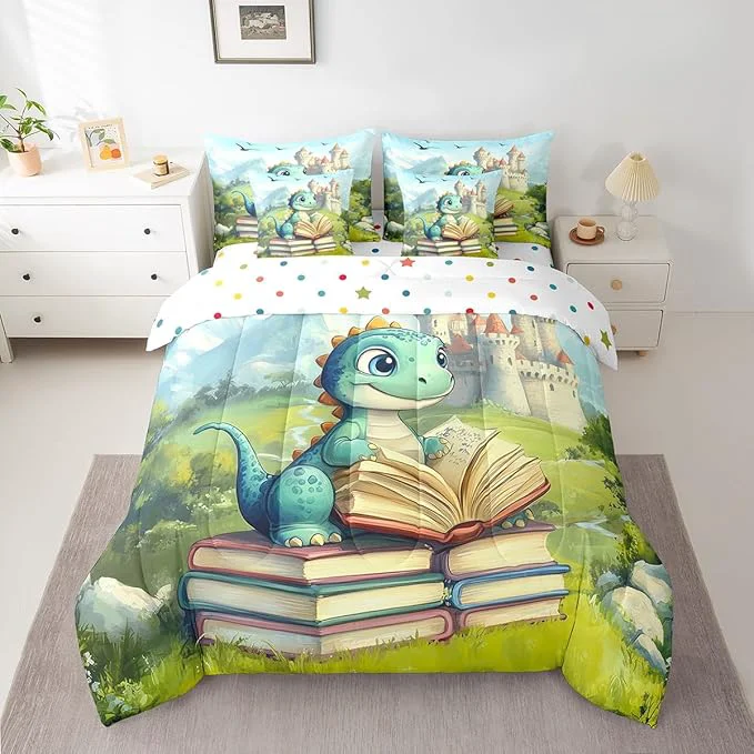 Reusable Kawaii Dinosaur Comforter Set King Size Castle Mountain Scenery Bedding Set for Kids Teens Cartoon Wild Animal Comforter Fitted Flat Sheet 2 Pillowcases 2 Throw Pillow Covers 7 Pieces Trusted