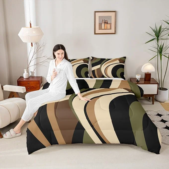 Versatile Castle Fairy Stripes Comforter Set Queen Size Brown Black Green Swirls Bedding Set 3pcs for Kids Boys Men Room Decor Vintage Abstract Styles Quilt Set Microfiber Duvet Insert with 2 Pillowcases Quality