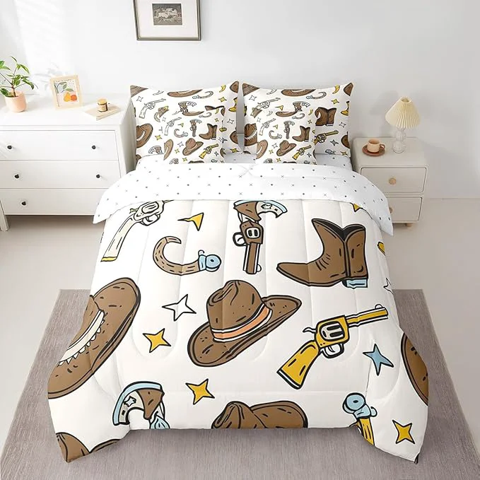 Outstanding Erosebridal Cowboy Hat Men Bed in a Bag King Size Comforter Set 7 Pieces Cowboy Boots Bedding Sets Hunting Western Decor Sheet Set with Comforter Casual