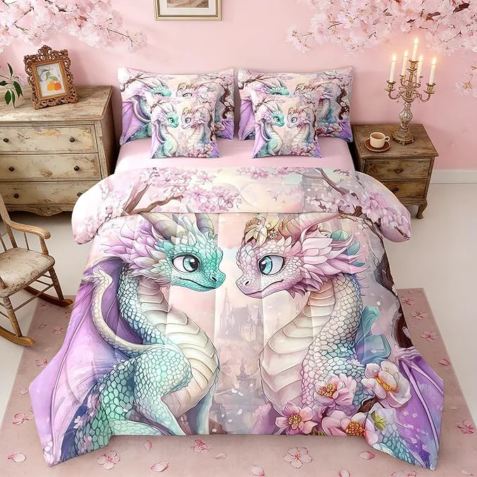 Prestigious Western Dragon Couple Bedding Set Japanese Cherry Blossom Full Comforter Set with Sheets for Kids Teens Room Decor Pastel Girly Pink Castle Bed in a Bag 7 Piece for Bedroom Living Room High-End