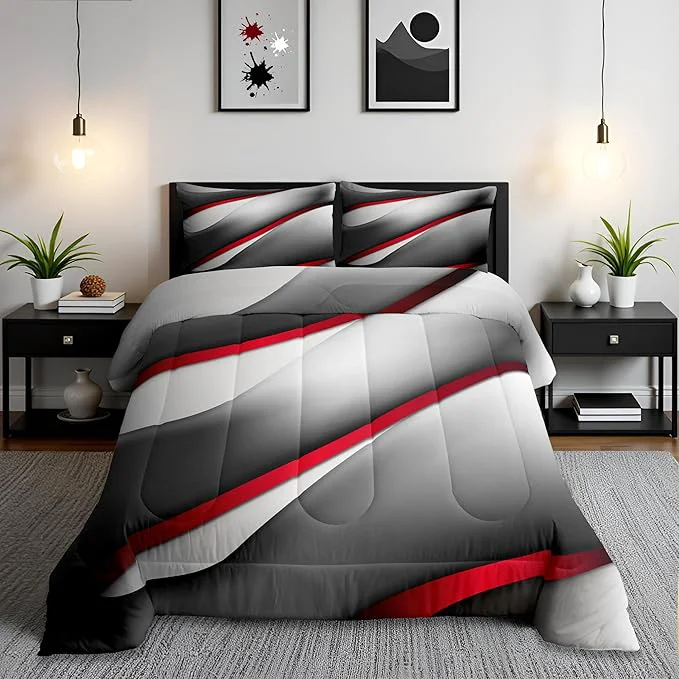 Casual Castle Fairy Modern Gray Red Black Comforter Set Queen Size Abstract Stripes Quilt Set 3pcs for Kids Youth Men Women Bedroom Decor 3D Stripes Bedding Set Gradient Simple Duvet Insert 2 Pillowcases Classic