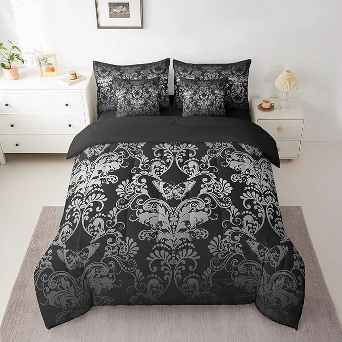 Consistent Erosebridal Gothic Damask Bed in a Bag King Size Comforter Set 7 Pieces Butterfly Skull Bedding Sets White Black Victorian Floral Goth Sheet Set with Comforter Optimized