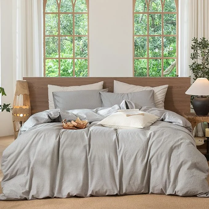 Trendy MooMee Striped Duvet Cover Set Washed Cotton Linen Like Textured Breathable Durable Soft Comfy Dark Grey White Pinstripes Queen 90 quot x90 quot Carefully Designed
