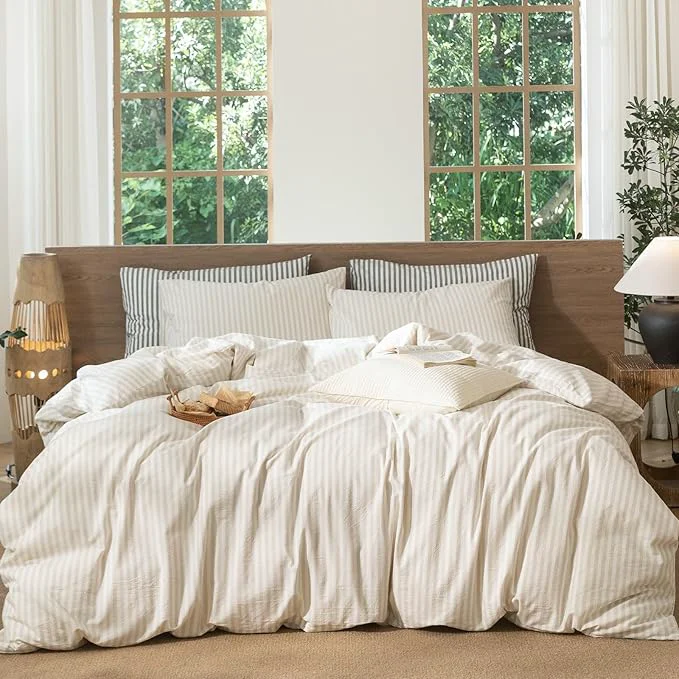 Elegant MooMee Striped Duvet Cover Set Washed Cotton Linen Like Textured Breathable Durable Soft Comfy Almond Milk Grey Classic Stripes Cal King 104 quot x98 quot High-End