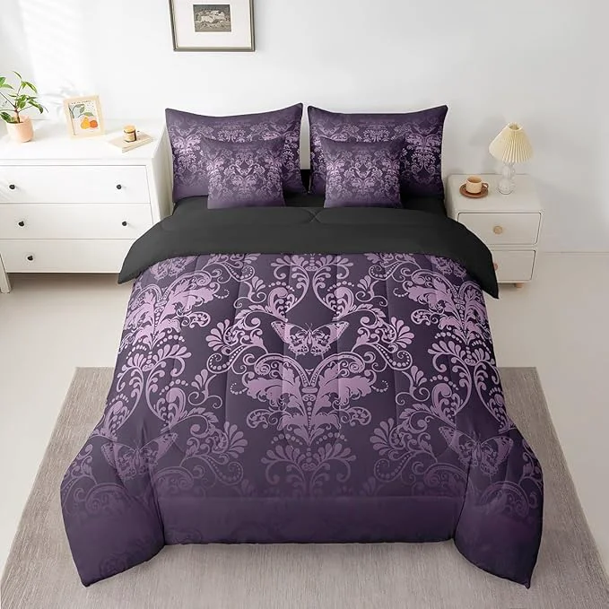 Healthy Erosebridal Gothic Damask Bed in a Bag King Size Comforter Set 7 Pieces Butterfly Skull Bedding Sets Purple Victorian Floral Goth Sheet Set with Comforter Natural