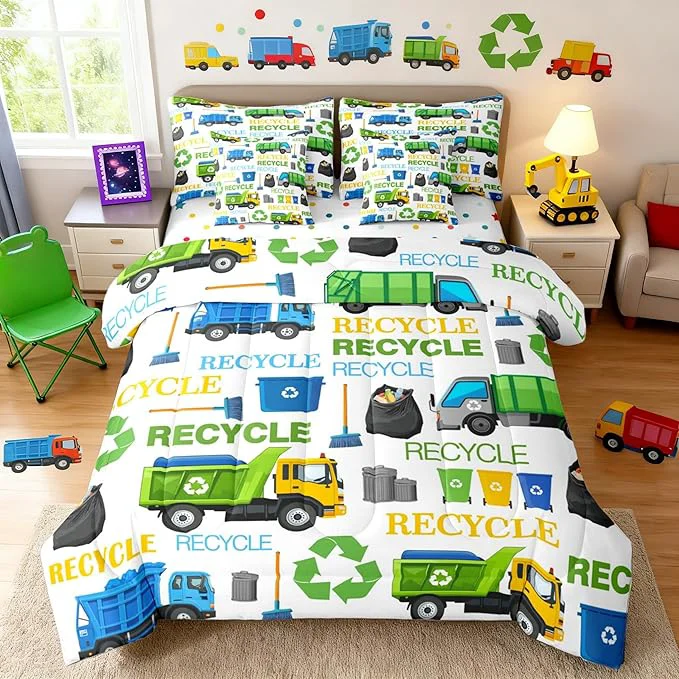 Selected Castle Fairy Garbage Truck Twin Size Comforter Set with Sheets Recycling Trucks Decor Bedding Sets Cartoon Car Vehicle Trash Can Bedroom Dorm Decor Lightweight Bed Set All Season 7 Pcs World-Class