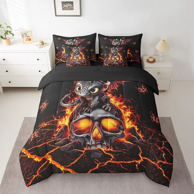 Clean Black Cartoon Dragon Butterfly Comforter Set Gothic Sugar Skull 7 Piece Bed Set King Size for Kids Happy Halloween Bed in a Bag Bedding Set with Comforter Sheet Set Pillowcases Pillow Covers Verified