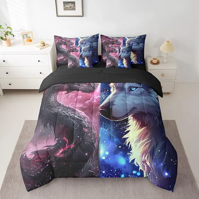 Fashionable Castle Fairy Western Dragon and Wolf Comforter Set 7 Pieces Twin Size al Animal Bedding Set for Kids Glittering Starry Sky Comforter Fitted Flat Sheet 2 Pillowcases 2 Throw Pillow Covers Soft