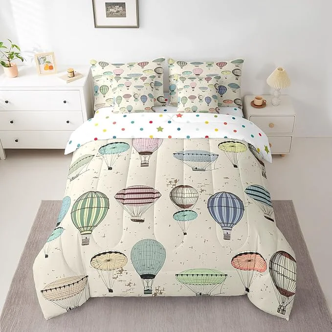 Reliable 7 Pieces King Size Colorful Hot Air Balloon Comforter Set Modern Sketch Bedding Set for Kids Room Decor Retro Geometric Lines Comforter Fitted Flat Sheet 2 Pillowcases 2 Throw Pillow Covers） Breathable