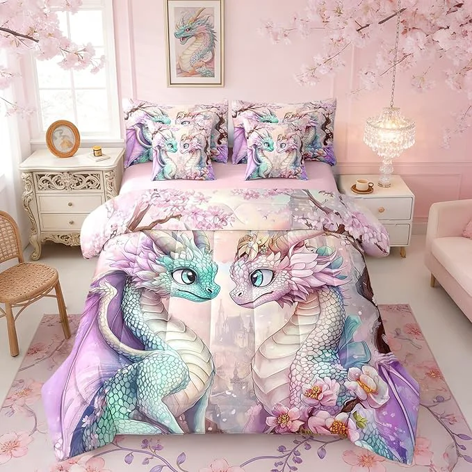 Elite Western Dragon Couple Bedding Set Japanese Cherry Blossom Twin Comforter Set with Sheets for Kids Teens Room Decor Pastel Girly Pink Castle Bed in a Bag 7 Piece for Bedroom Living Room Artisan