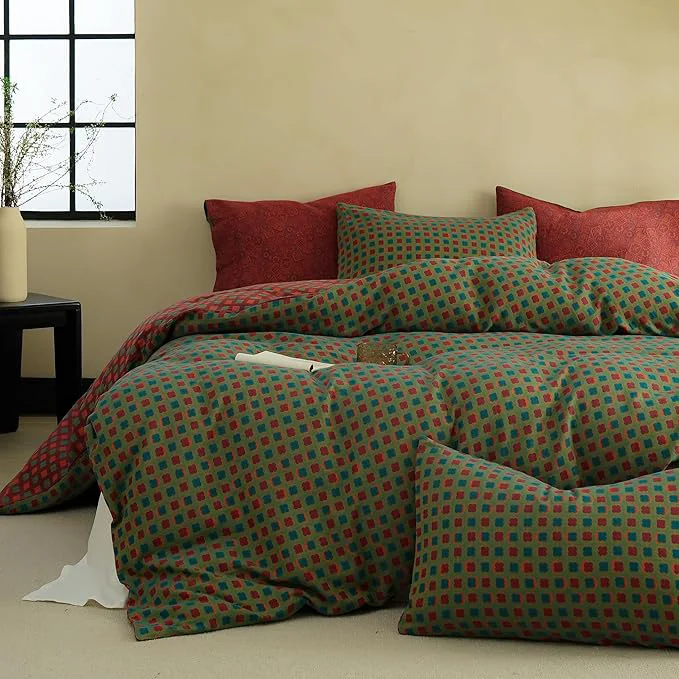Outstanding BISELINA Cotton Muslin Duvet Cover Set Queen 3 Pcs Yarn-Dyed Jacquard Textured Vintage Geometric Checkered Pattern Soft and Breathable Bedding Set with Zipper Closure Green Red Professional