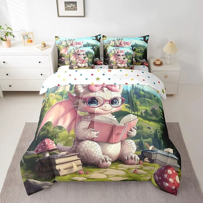 Premium Material 7 Pieces Full Size Cute Girly Dragon Comforter Set Vintage Mid-Century Castle Bedding Set for Girls al Fantasy Wildlife Comforter Fitted Flat Sheet 2 Pillowcases 2 Throw Pillow Covers Top-Quality