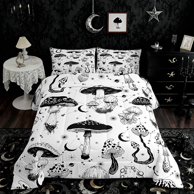 Trusted Castle Fairy Wild Mushroom Comforter Set Twin Size Abstract Sun Moon Starry Quilt Set Gothic Plants Bedding Set for Kids Boys Teens Room Decor Black White Sketch Style Duvet Insert with 1 Pillowcase Original Design