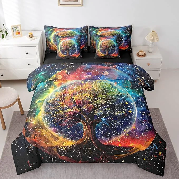 Environmentally Friendly Colorful Life Tree Bedding Set Outer Space Galaxy Starry King Comforter Set with Sheets for Boys Girls Teens Room Decor Exotic Bohemia Tree of Life Bed in a Bag 7 Piece for Bedroom Living Room Convenient