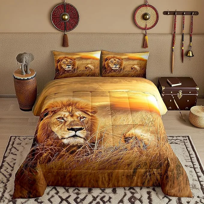 User-Friendly Lion Bedding Set King Size 3D Print Wild Animals Comforter Set for Teens Adult Men Room Decor Natural Sunset View Quilt Set Rustic Prairie Duvet Insert 3pcs with 2 Pillowcases High-Grade