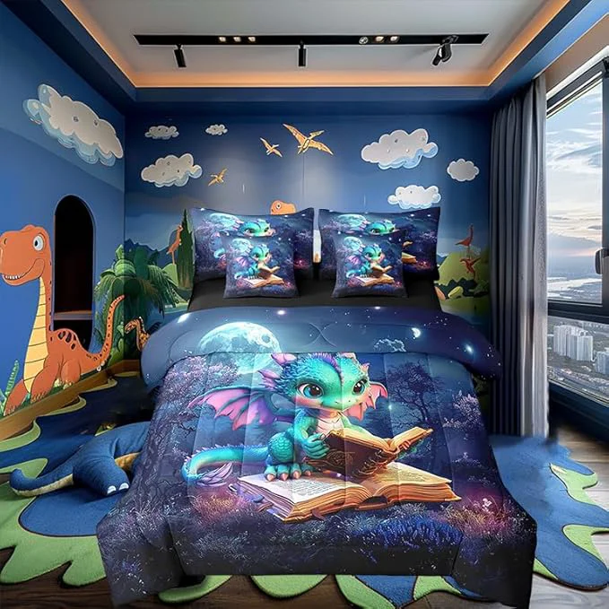Sophisticated Castle Fairy Cartoon Dragon Bedding Set Mysterious Jungle Moon Night Twin Comforter Set with Sheets for Kids Boys Girls Teens Room Decor Western Animal Bed in a Bag 7 Piece for Bedroom Living Room Powerful