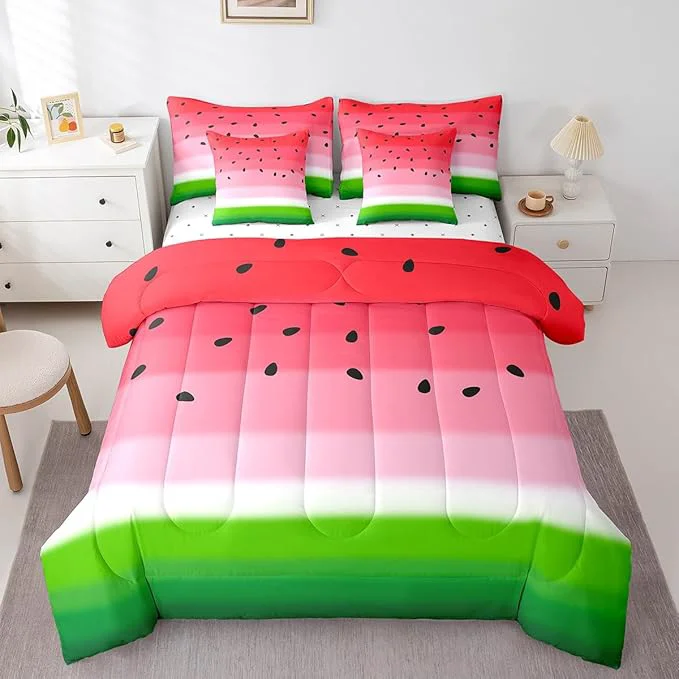 World-Class Watermelon 7 Pcs Bedding Sets Watercolor Red Green Fruit Summer Theme Comforter Set for Kids Teens Adults Bed in a Bag Comforter Flat Sheet Fitted Sheet 2 Pillowcases 2 Throw Pillow Covers King Stylish