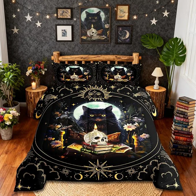 Convenient Trippy Cat Comforter Set King Size Sun and Moon Kids Bedding Set Gothic Sugar Skull Crow Print Quilt Set for Girls Boys Adult Room Decor Exotic Daisy Floral Duvet Insert 2 Pillowcases Black Pure