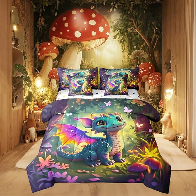 First-Class 7 Pieces Twin Size Kawaii Dragon Comforter Set Fantasy Fairy Tale Jungle Bedding Set for Kids Room Decor Cartoon al Wildlife Comforter Fitted Flat Sheet 2 Pillowcases 2 Throw Pillow Covers Environmentally Friendly