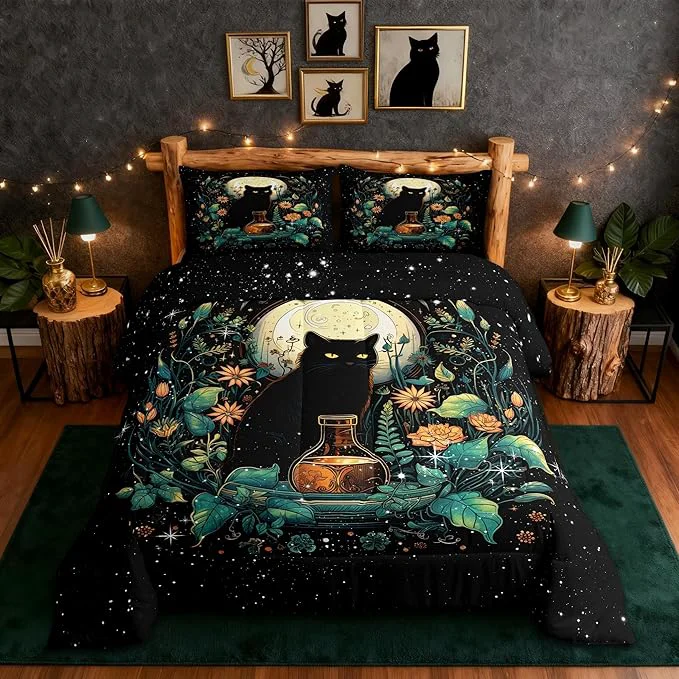 Versatile Castle Fairy Cute Cat Kids Comforter Set King Size Flower Leaves Bedding Set Moon Night Starry Sky Quilt Set for Girls Boys Teens Room Decor Trippy Pet Animals Plant Duvet Insert 2 Pillowcases Black Practical